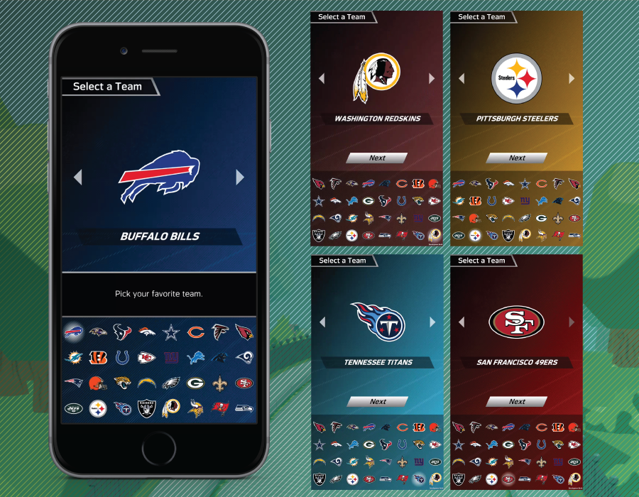 UI Screens for team select - showing the different themes for each team
